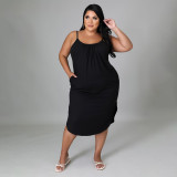 Plus Size Solid Sleeveless Pockets Split Midi Dress HNIF-013