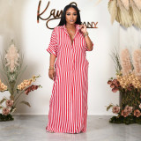 Plus Size Mid-Sleeve Loose Striped Shirt Long Dress HNIF-041