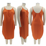 Plus Size Solid Sleeveless Pockets Split Midi Dress HNIF-013