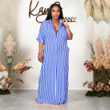 Plus Size Mid-Sleeve Loose Striped Shirt Long Dress HNIF-041