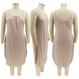Plus Size Solid Sleeveless Pockets Split Midi Dress HNIF-013