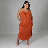Plus Size Solid Sleeveless Pockets Split Midi Dress HNIF-013