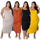 Plus Size Solid Sleeveless Pockets Split Midi Dress HNIF-013