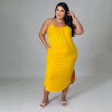Plus Size Solid Sleeveless Pockets Split Midi Dress HNIF-013