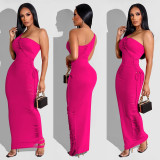 Fashion Sexy Single Shoulder Hollow Solid Color Maxi Dress YD-8577