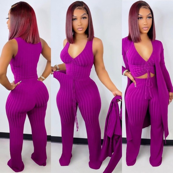 Solid Ribbed Tank Top+Pants+Long Cloak 3 Piece Sets LSD-82040