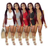 Solid Color Casual Zip Short Sleeve Top Shorts Two Piece Set IV-8303