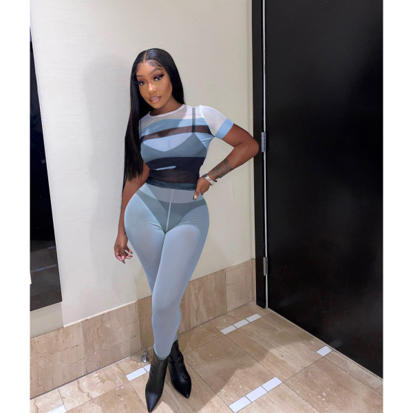 Fashion Print Mesh Short Sleeve And Pants Two Piece Sets IV-8297