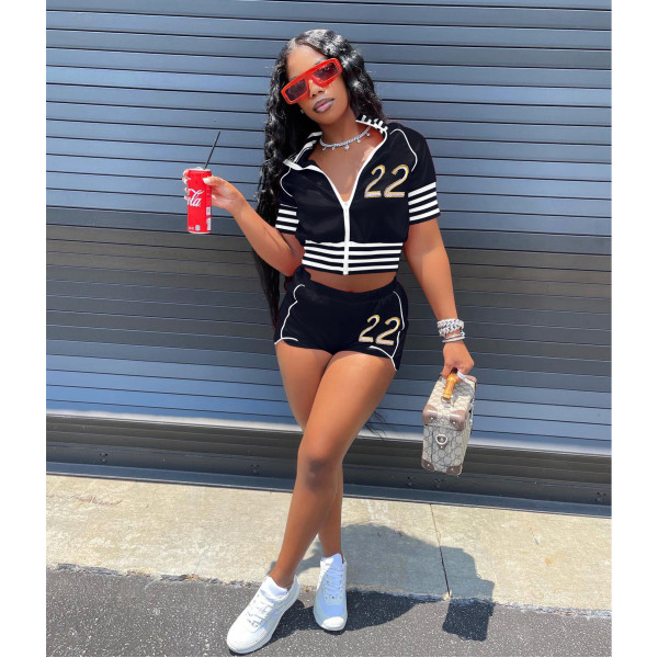 Number Embroidered Zip Short Sleeve Coats Shorts Two Piece Sets IV-8304