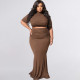 Plus Size Solid Short Sleeve Maxi Skirt 2 Piece Sets OSIF-22216