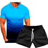 Men Gradient Lapel POLO Casual Two Piece Shorts Set FLZH-ZT135-ZK70