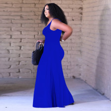 Solid Sleeveless Pockets Wide Leg Jumpsuit TE-4387