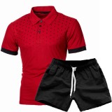 Men's Print Slim Lapel Casual Short Sleeve POLO Two Piece Shorts Set FLZH-ZT123-ZK70
