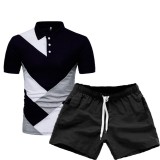 Men Color Block Fashion Short Sleeve Top Two Piece Shorts Set FLZH-ZT83-ZK70