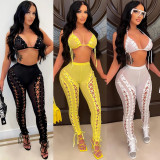 Sexy Mesh Lace-Up Hollow Bra Top+Pants 2 Piece Sets BY-5711