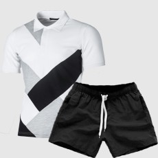 Men Color Block Fashion Short Sleeve Top Two Piece Shorts Set FLZH-ZT83-ZK70