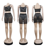 Plus Size Hot Drilling Vest Top Mini Skirt 2 Piece Sets NY-2382