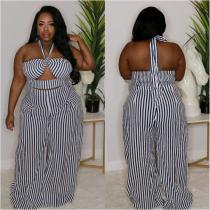 Plus Size Striped Halter Wide Leg Pants 2 Piece Sets NY-10201