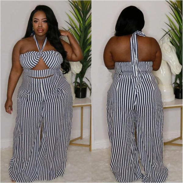 Plus Size Striped Halter Wide Leg Pants 2 Piece Sets NY-10201