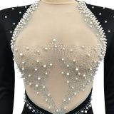Sexy Nightclub Bead Hot Diamond Mesh Splice Backless Long Sleeve Dress BY-5681