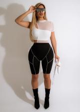 Mesh Patchwork Romper+One Shoulder Top 2 Piece Sets HMS-5544