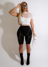 Mesh Patchwork Romper+One Shoulder Top 2 Piece Sets HMS-5544