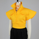 Solid Buttons Flying Sleeves Crop Top ZSD-0461