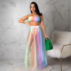 Gradient Colorful Tube Top+Mesh Long Skirt 2 Piece Sets ASL-6572