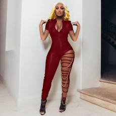 Sexy Short Sleeve Hole Skinny Jumpsuit With Chain GLF-8146