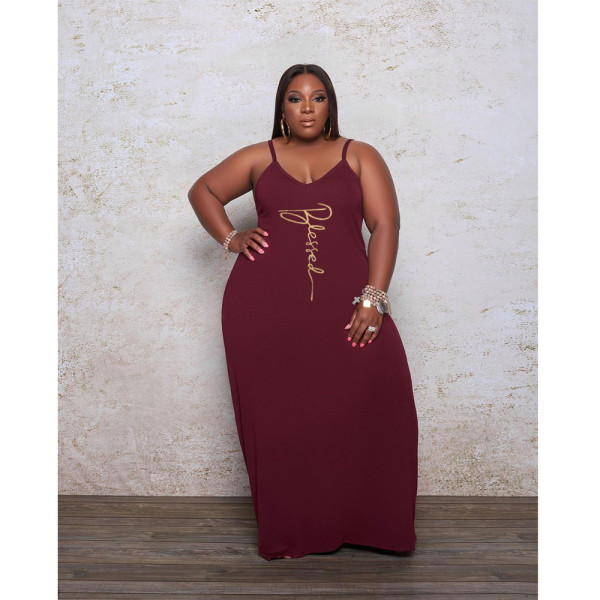 Plus Size Letter Print Spaghetti Strap Maxi Dress GDYF-69482