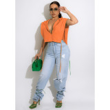 Solid Hooded Split Sleeveless Crop Top (Only The Top) FOSF-8218