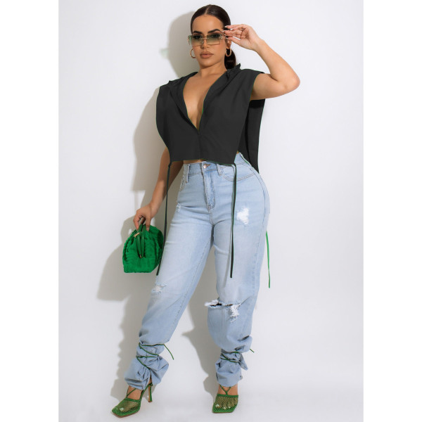 Solid Hooded Split Sleeveless Crop Top (Only The Top) FOSF-8218