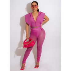 Sexy Hooded Split Top+Mesh Pants 2 Piece Sets FOSF-8220