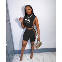 Letter Print Sleeveless Hollow 2 Piece Shorts Sets WSYF-5931
