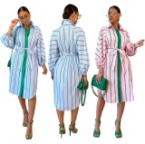 Casual Striped Long Sleeve Sashes Midi Dress OLYF-96094