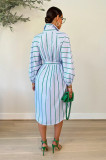 Casual Striped Long Sleeve Sashes Midi Dress OLYF-96094