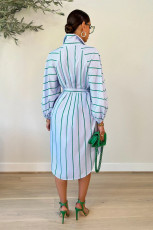 Casual Striped Long Sleeve Sashes Midi Dress OLYF-96094