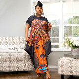 Plus Size Printed Short Sleeve Pockets Loose Maxi Dress NNWF-7514