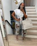 Solid Hole Hollow Out Casual Pants ZDF-31208