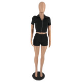 Solid Color Casual Zip Short Sleeve Top Shorts Two Piece Set IV-8303