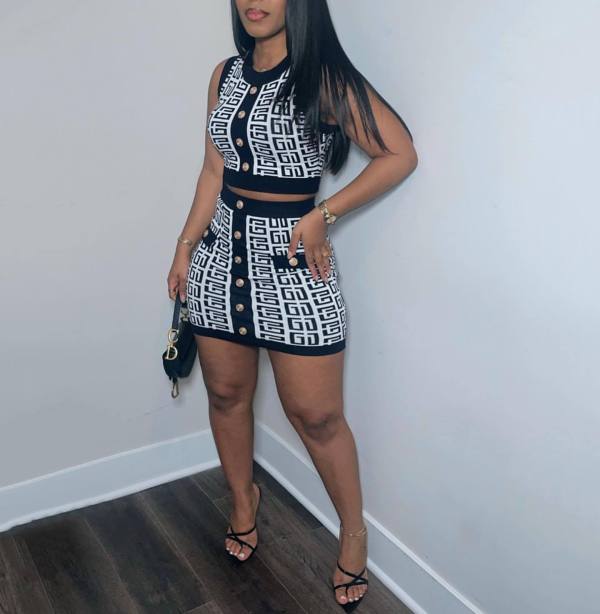 Elegant Patchwork Sleeveless Mini Skirt 2 Piece Sets MDF-5312
