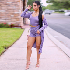 Solid Ribbed Tank Top+Long Sleeve Cloak+Shorts 3 Piece Sets GLF-10104