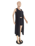 Solid Ribbed Tank Top+Sleeveless Cloak+Shorts 3 Piece Sets ZDF-31210