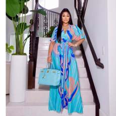 Sexy Printed V Neck High Waist Split Maxi Dress ZSD-0479