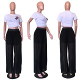 Solid Pleated Wide Leg Pants (Without Top)OD-8486