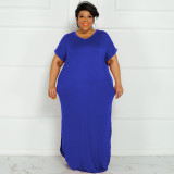 Plus Size Solid Short Sleeve Split Maxi Dress OSIF-22299