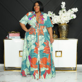 Plus Size Printed Short Sleeve Belted Maxi Dress OSIF-22258