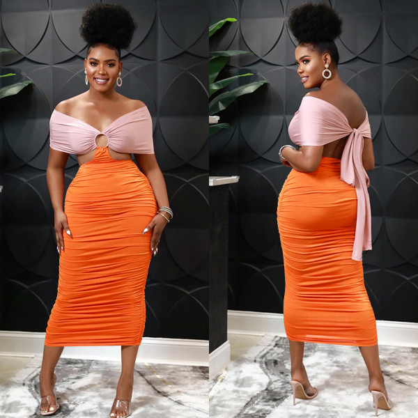 Contrast Color Off Shoulder Ruched Midi Dress BY-5770