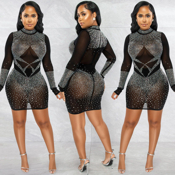 Sexy Hot Drilling Mesh Night Club Dress BY-5693