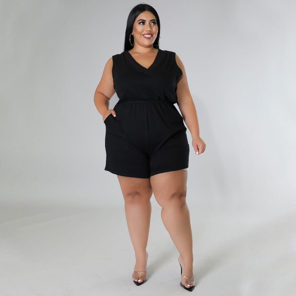Plus Size Solid V Neck Sleeveless Romper NNWF-7536